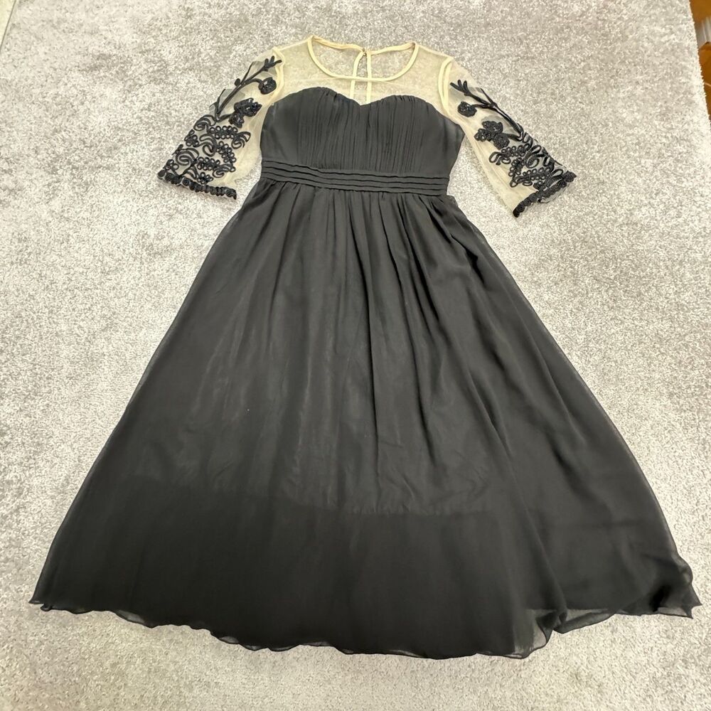 Little Mistress London Mesh Embroidered Sleeve A-Line Midi Dress Womens 6 Black